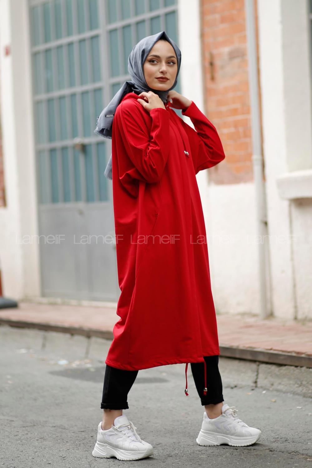 Modalamelif Kapşonlu Uzun Spor Kap Kırmızı