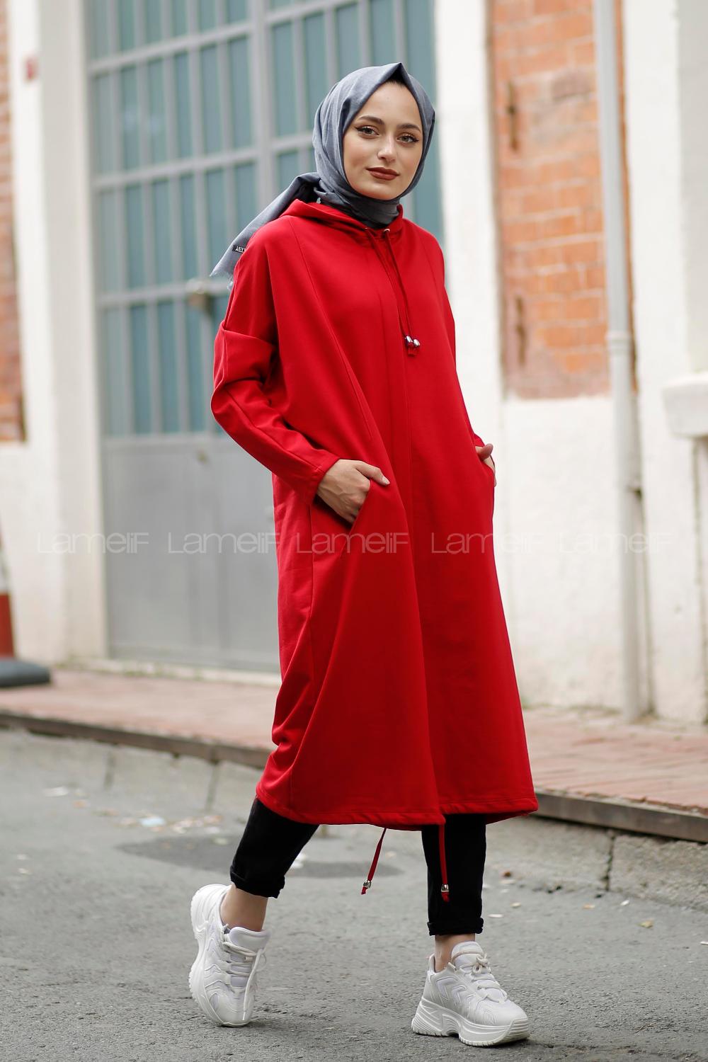Modalamelif Kapşonlu Uzun Spor Kap Kırmızı