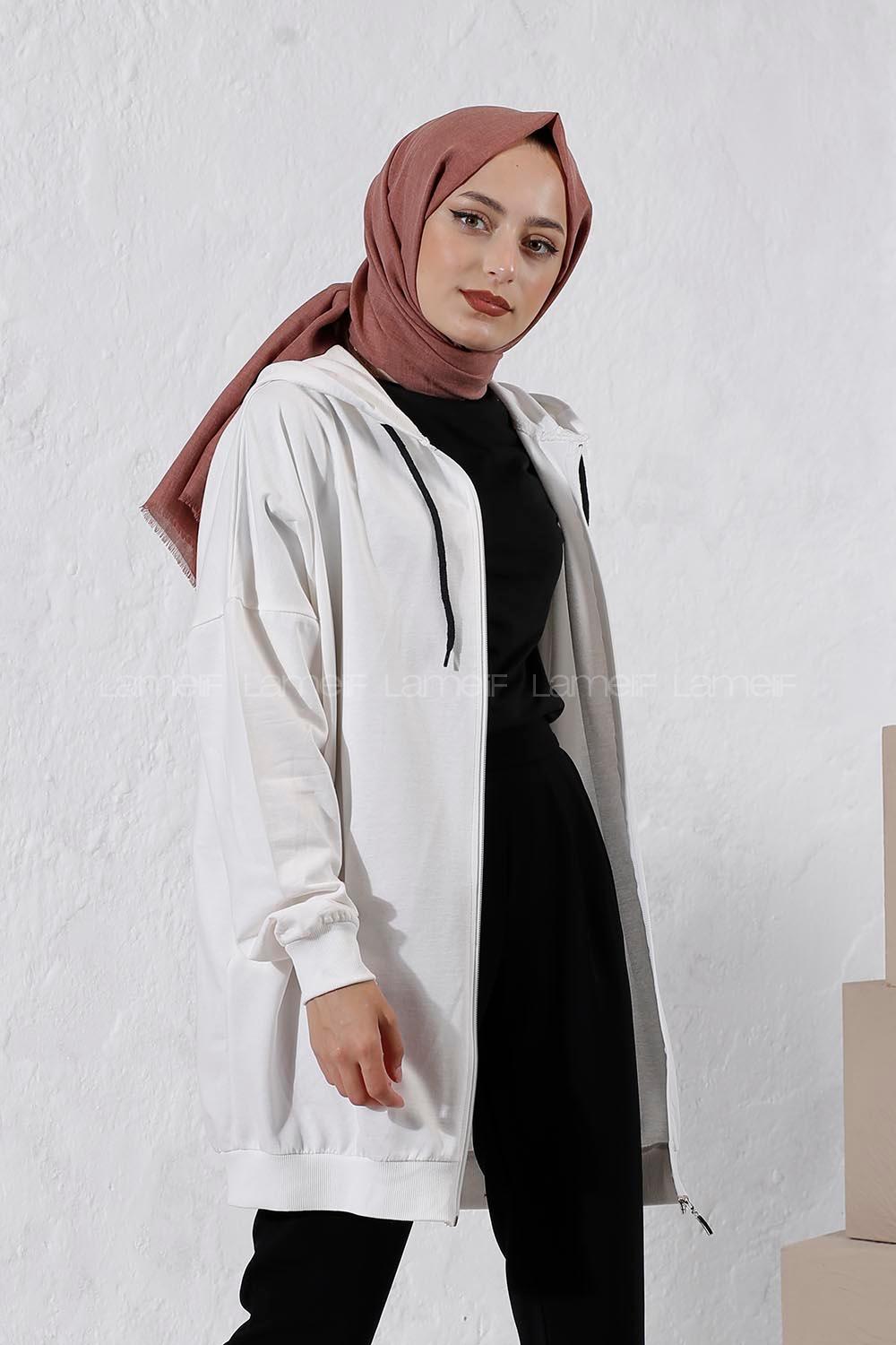 Modalamelif Kapüşonlu Hırka Beyaz