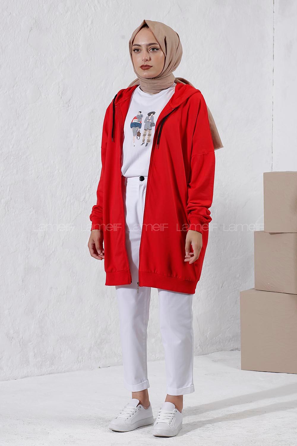 Modalamelif Kapüşonlu Hırka Kırmızı