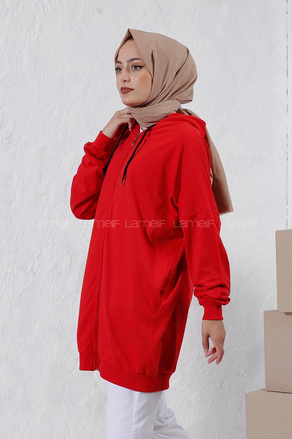 Modalamelif Kapüşonlu Hırka Kırmızı