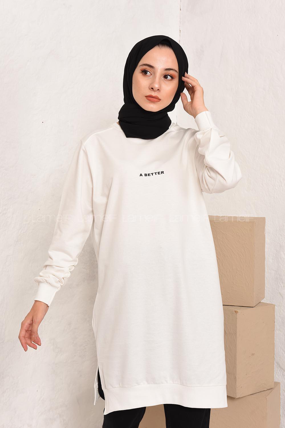 Modalamelif A Better Baskılı Yırtmaçlı Sweatshirt Beyaz