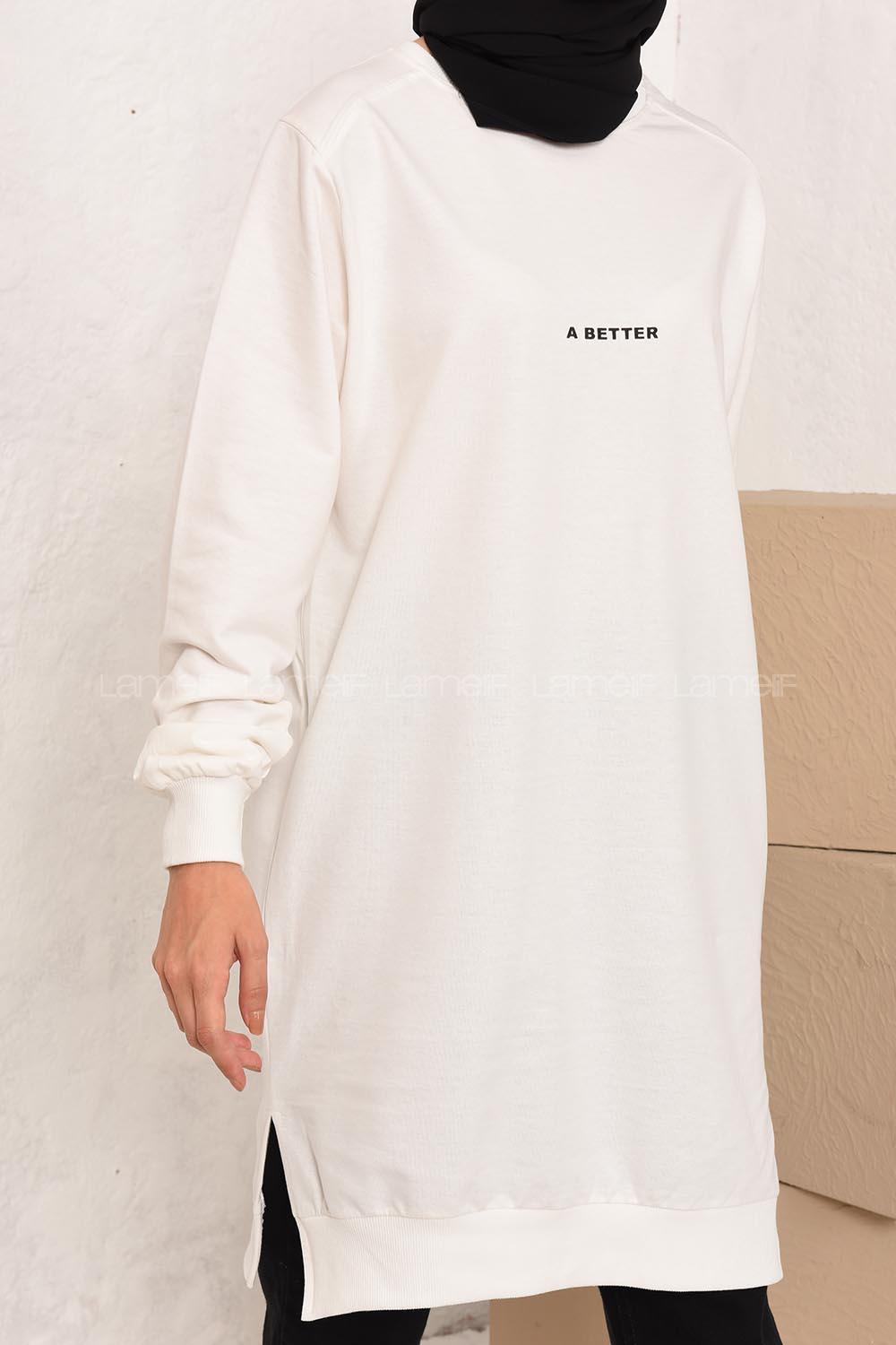 Modalamelif A Better Baskılı Yırtmaçlı Sweatshirt Beyaz