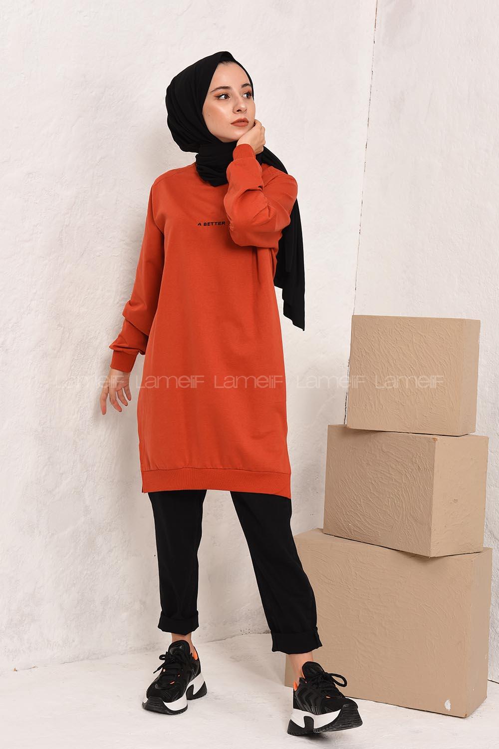 Modalamelif A Better Baskılı Yırtmaçlı Sweatshirt Kiremit