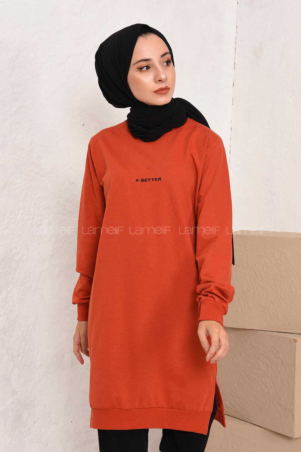 Modalamelif A Better Baskılı Yırtmaçlı Sweatshirt Kiremit