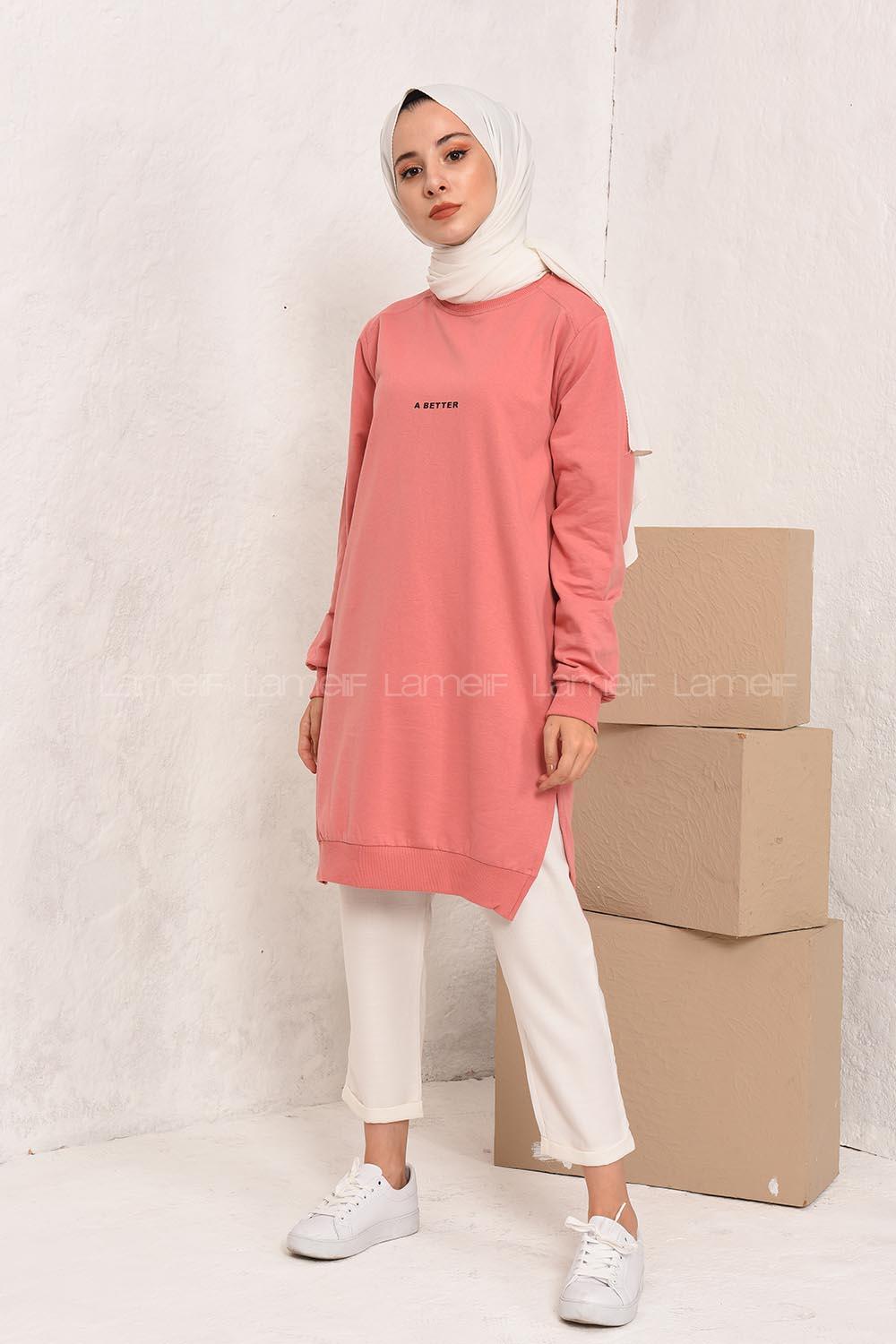 Modalamelif A Better Baskılı Yırtmaçlı Sweatshirt Toz Pembe