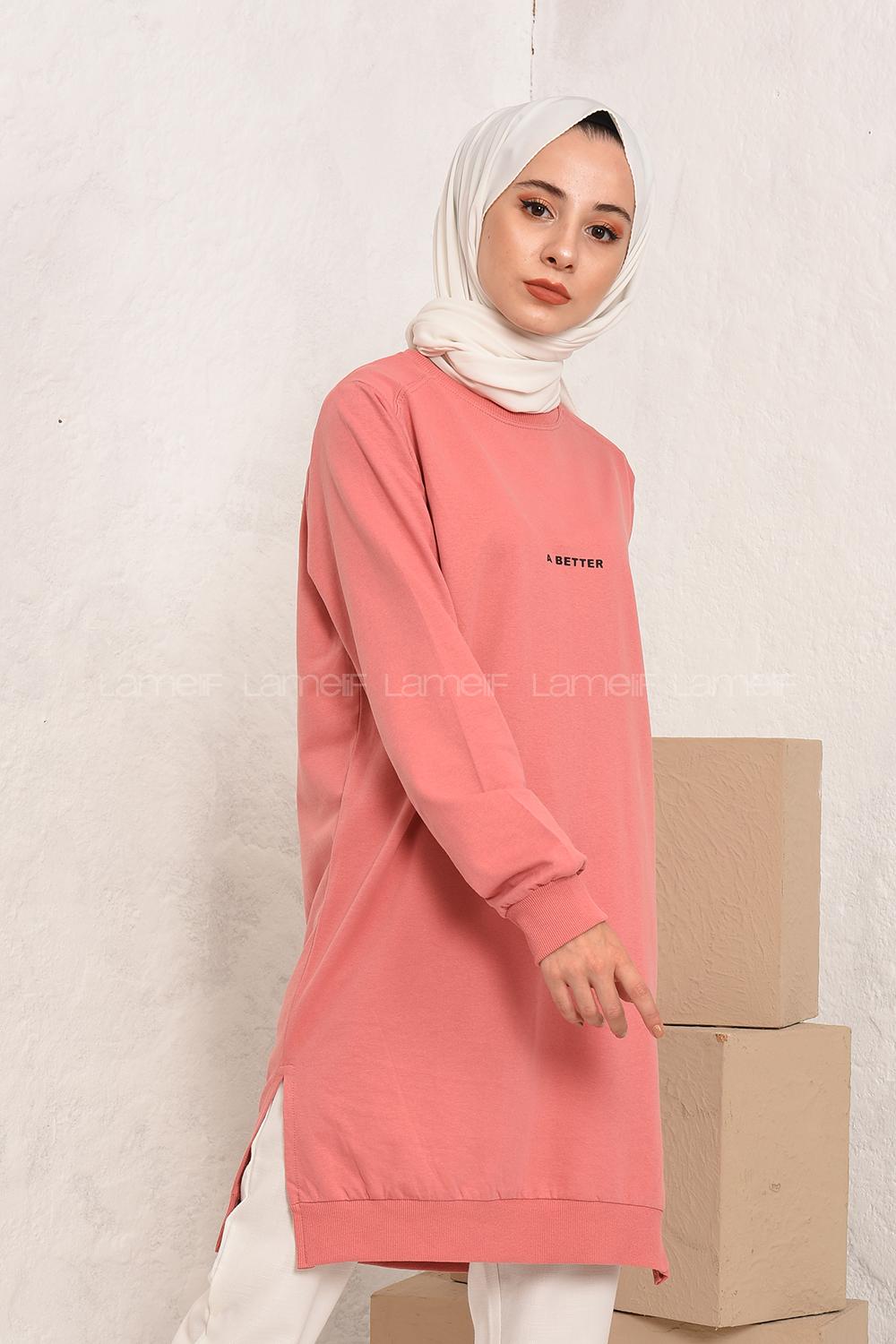 Modalamelif A Better Baskılı Yırtmaçlı Sweatshirt Toz Pembe