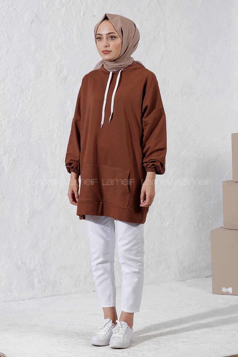Modalamelif Salaş Kapşonlu Arka Yazılı Sweat Acı Kahve
