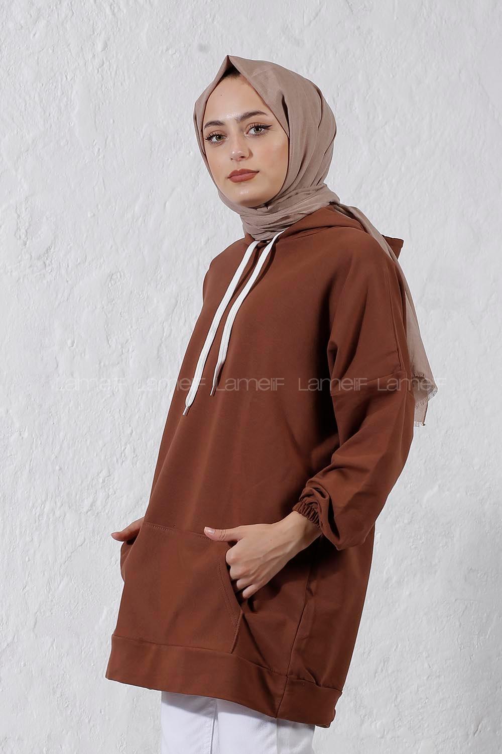 Modalamelif Salaş Kapşonlu Arka Yazılı Sweat Acı Kahve