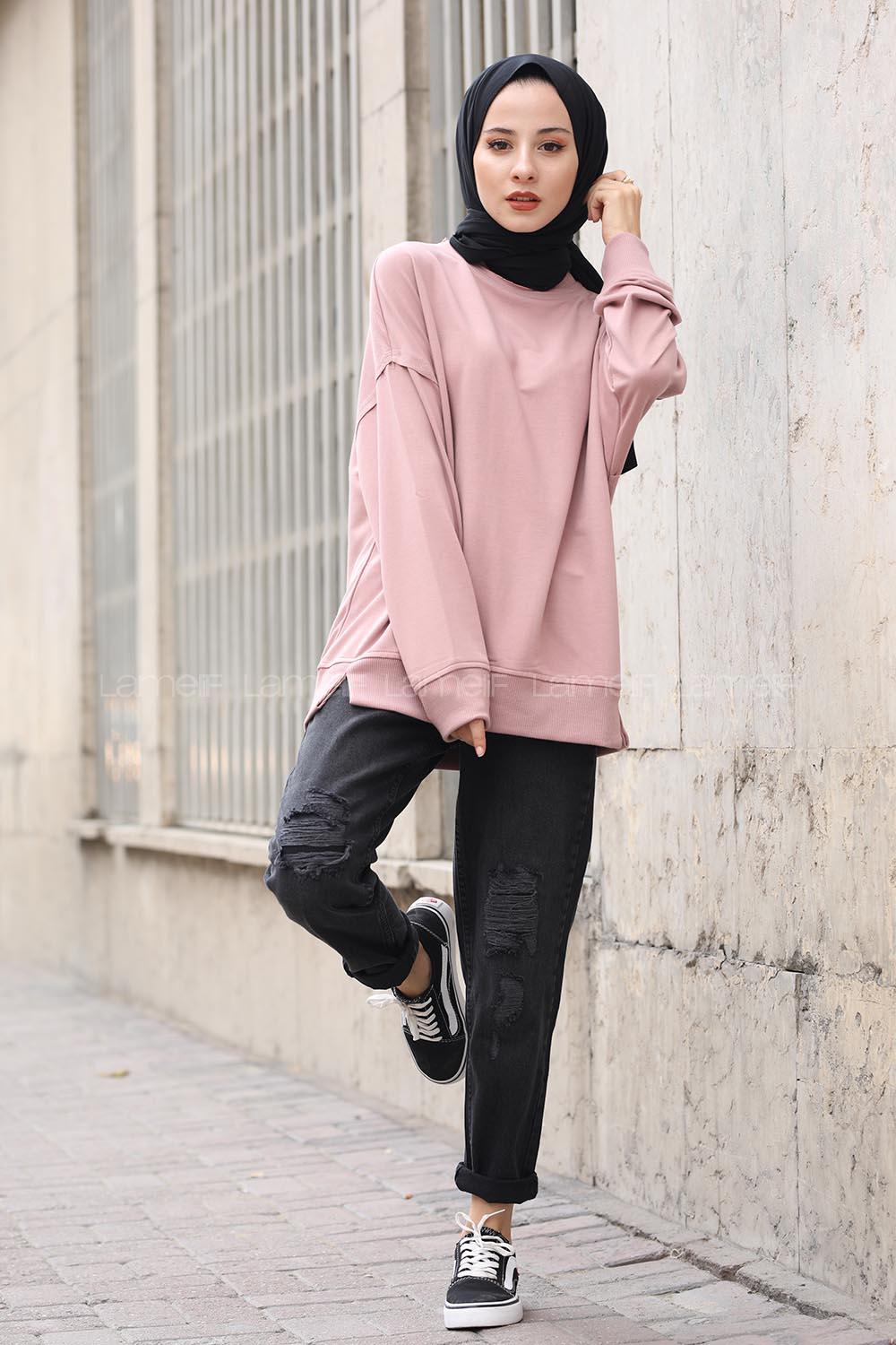 Modalamelif Düz Renkli Dikişli Sweatshırt Gül Kurusu