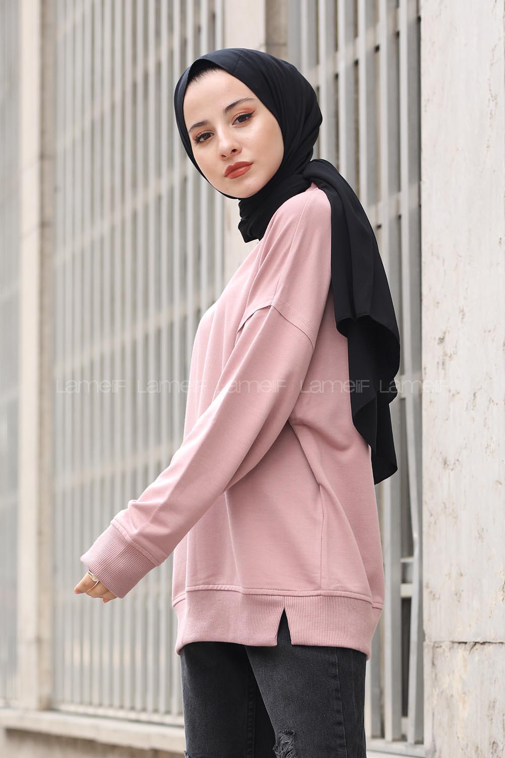 Modalamelif Düz Renkli Dikişli Sweatshırt Gül Kurusu