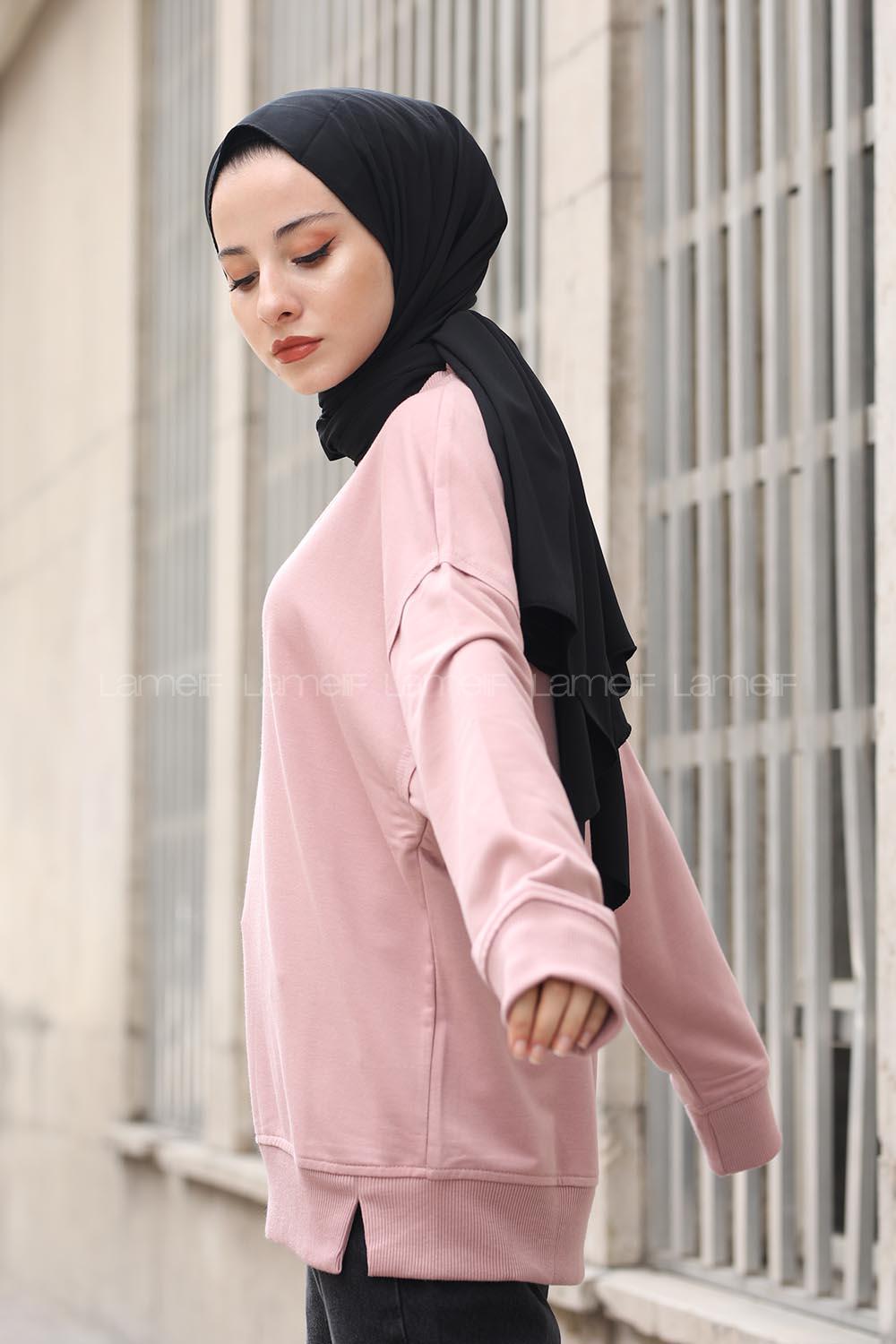 Modalamelif Düz Renkli Dikişli Sweatshırt Gül Kurusu