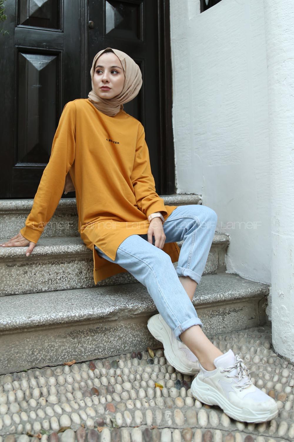 Modalamelif A Better Baskılı Yırtmaçlı Sweatshirt  Hardal Sarısı