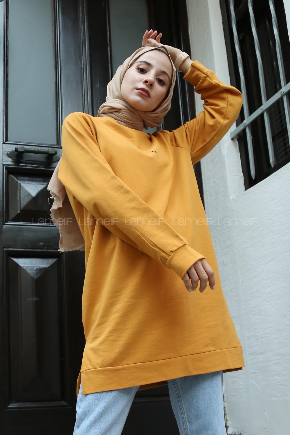 Modalamelif A Better Baskılı Yırtmaçlı Sweatshirt  Hardal Sarısı