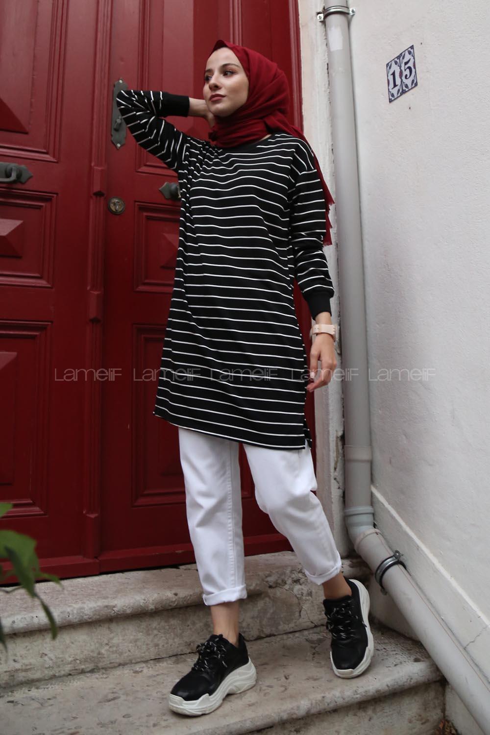 Modalamelif Çizgili Basıc Tunik Siyah