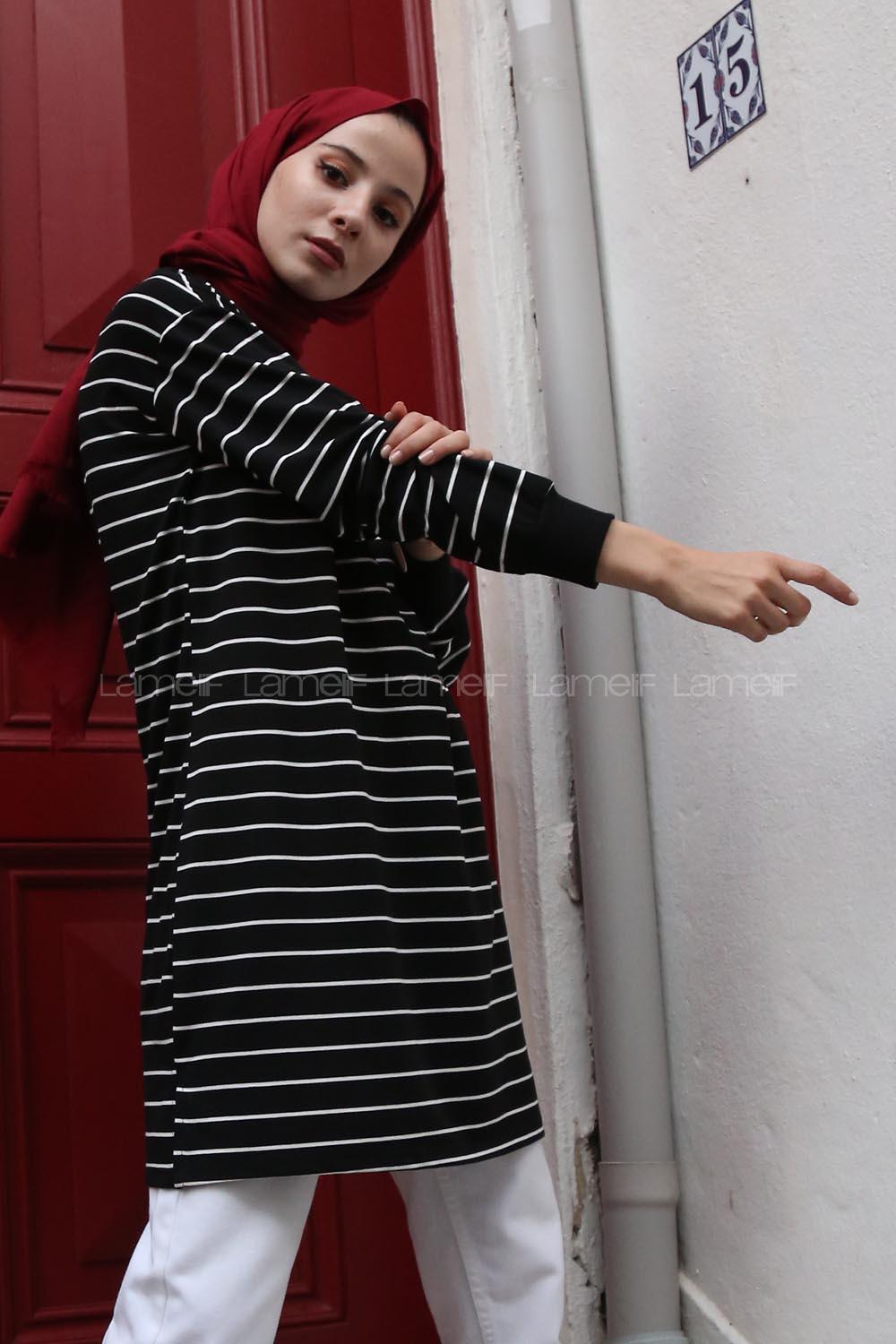 Modalamelif Çizgili Basıc Tunik Siyah