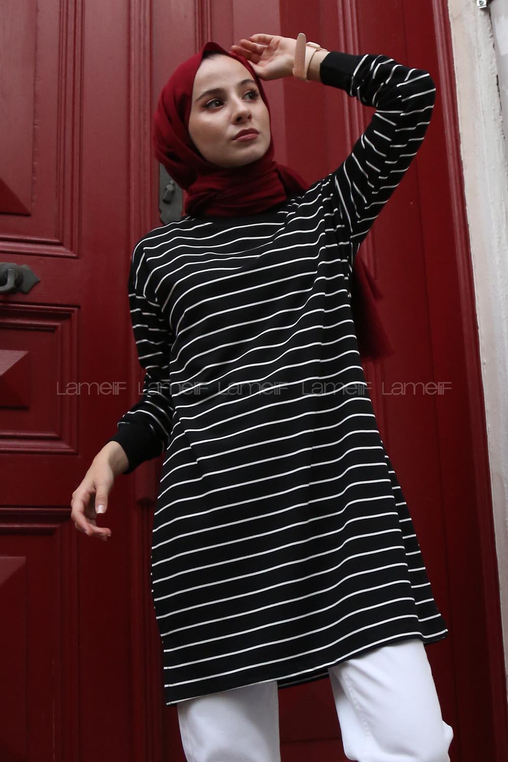 Modalamelif Çizgili Basıc Tunik Siyah