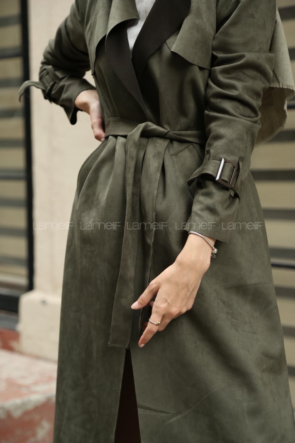 Modalamelif Bağlamalı Süet Trenç Haki