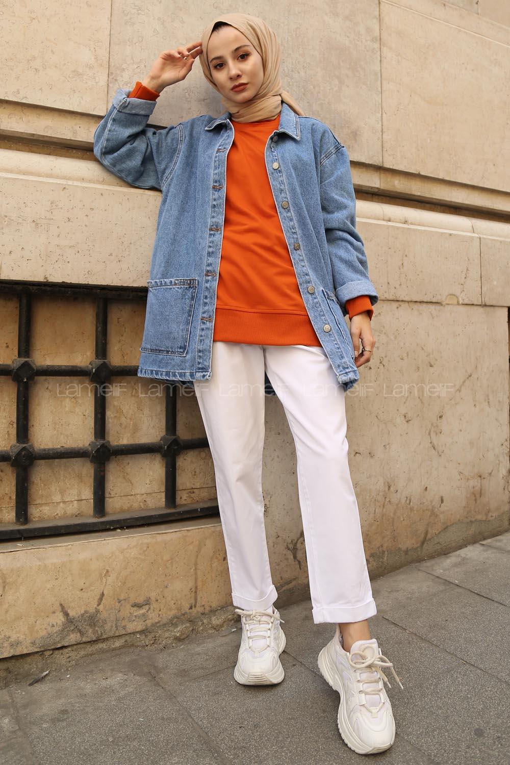 Lamelif Cepli Düğmeli Kot Ceket Açık Mavi