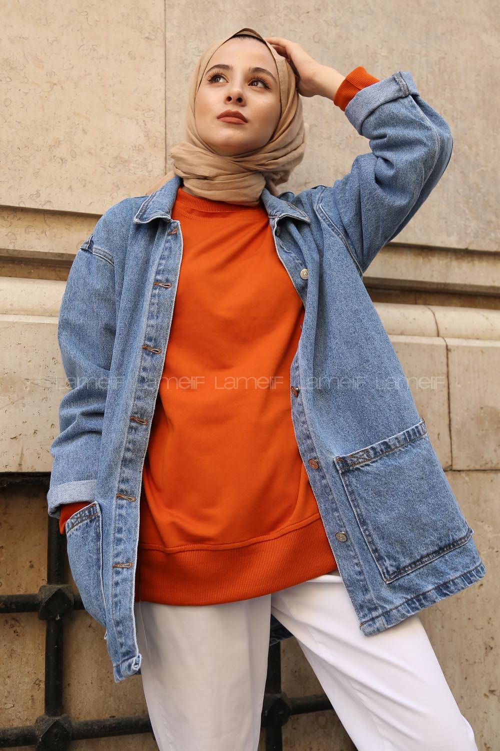 Lamelif Cepli Düğmeli Kot Ceket Açık Mavi