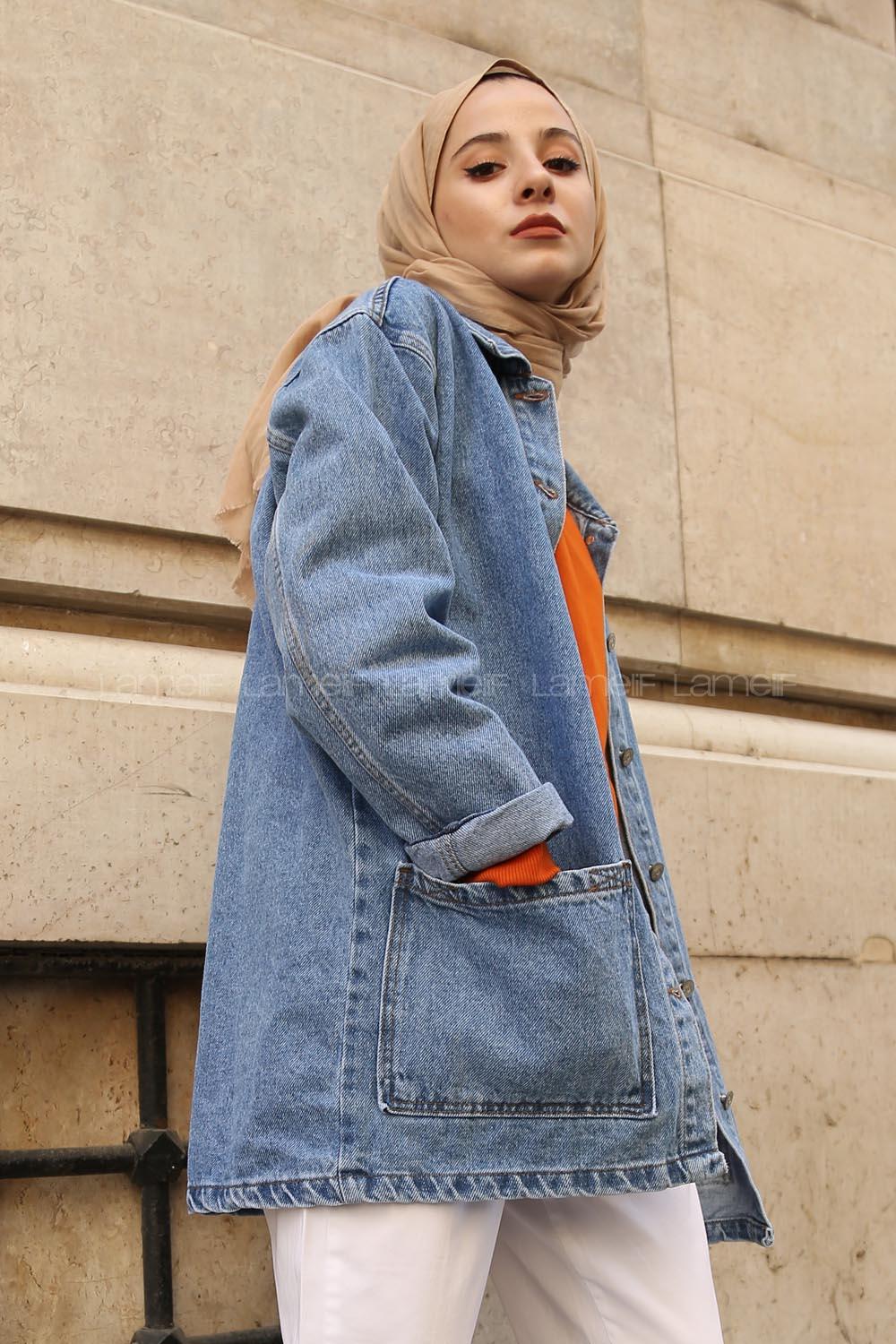 Lamelif Cepli Düğmeli Kot Ceket Açık Mavi