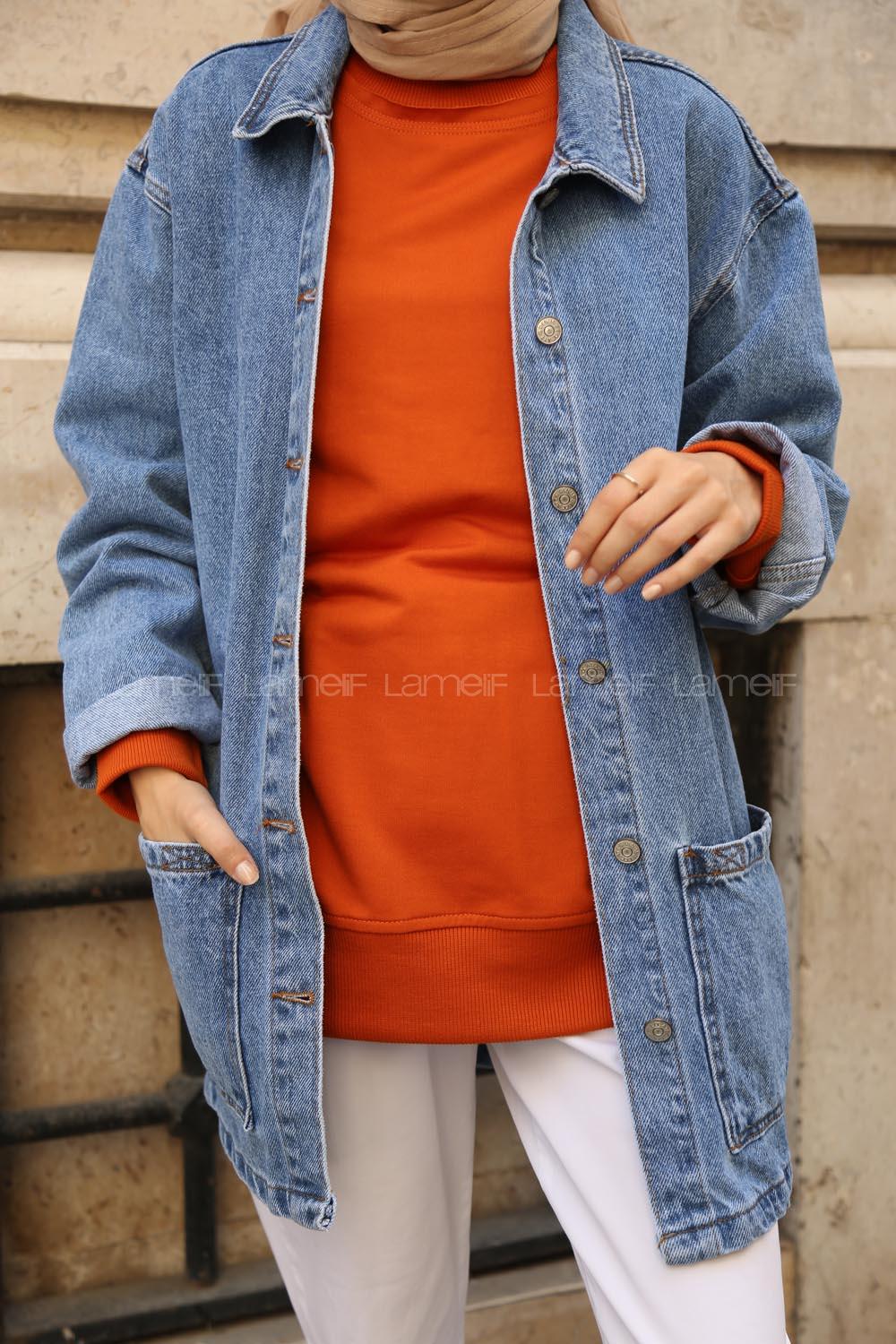 Lamelif Cepli Düğmeli Kot Ceket Açık Mavi