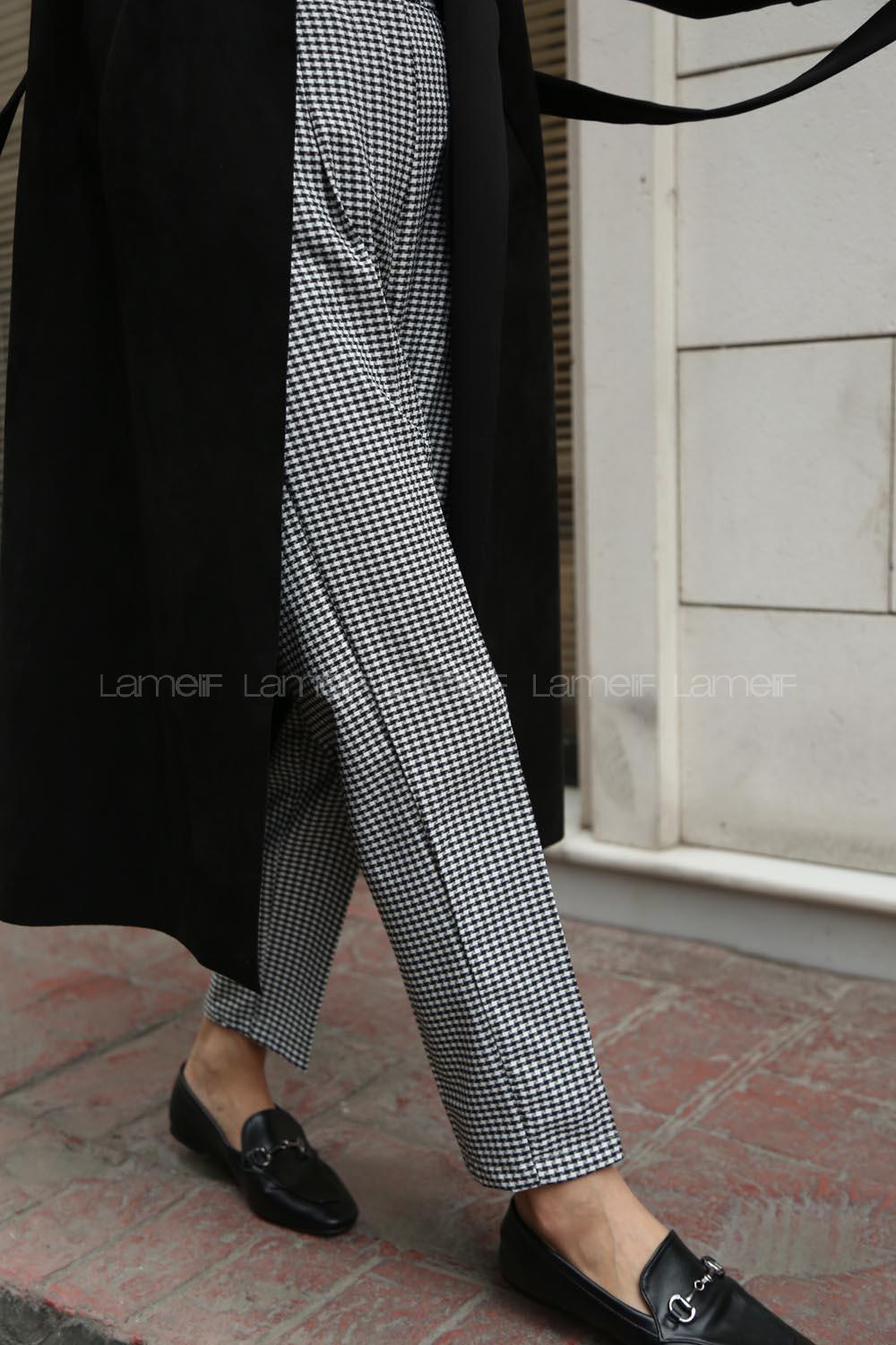 Modalamelif Dale Dublle Paça Ekose Pantolon Siyah Beyaz