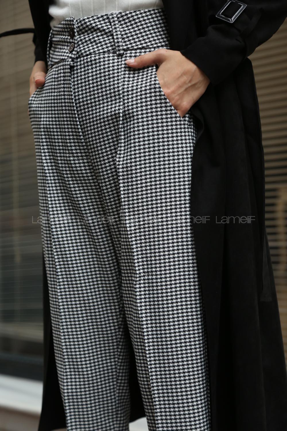 Modalamelif Dale Dublle Paça Ekose Pantolon Siyah Beyaz