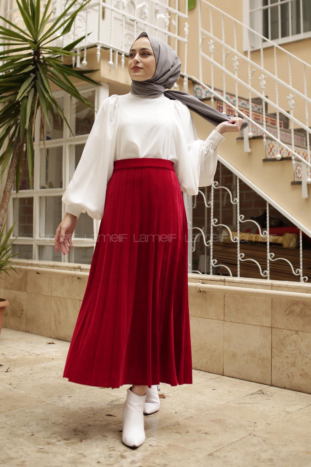 Modalamelif Pliseli Kadife Etek Kırmızı