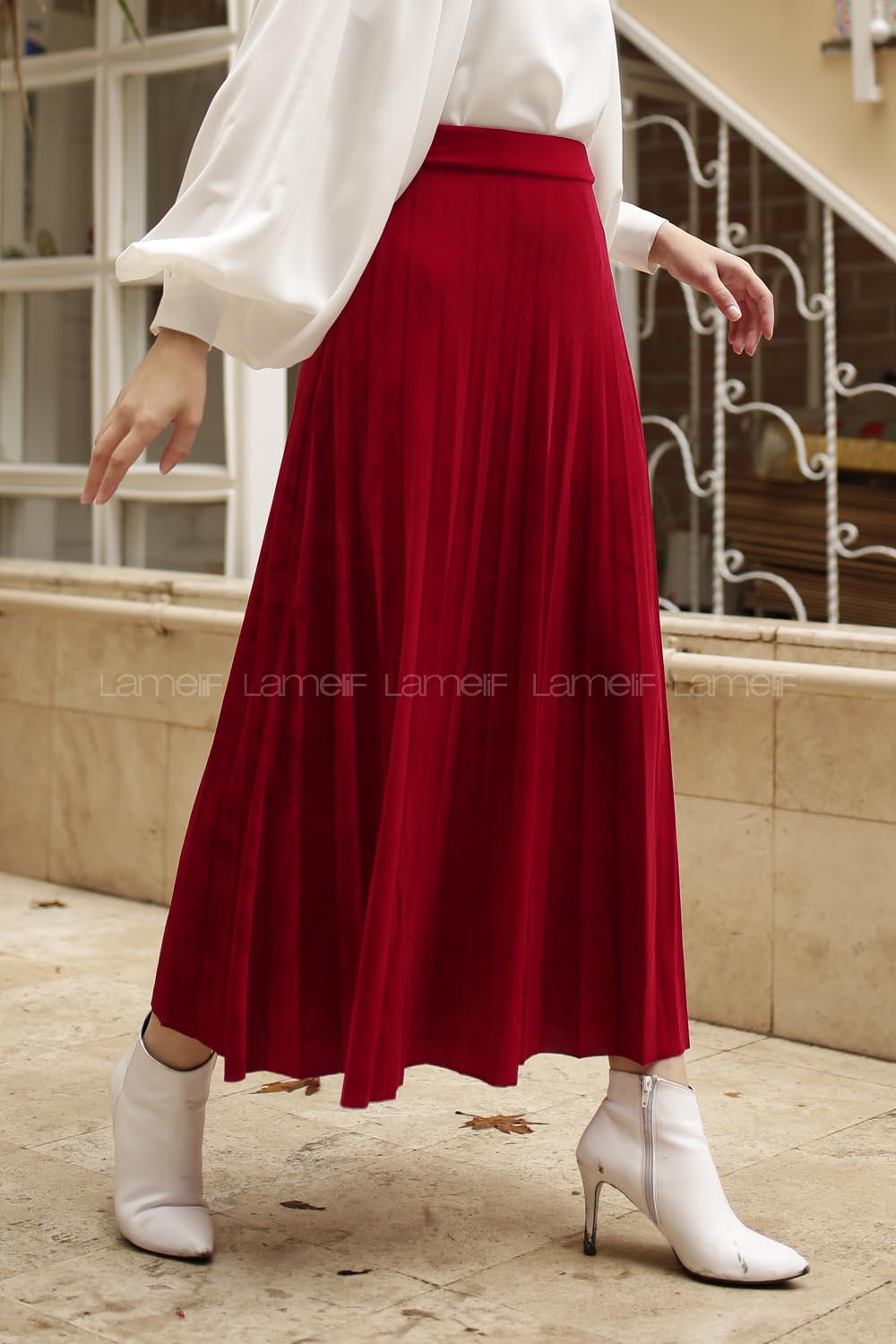 Modalamelif Pliseli Kadife Etek Kırmızı