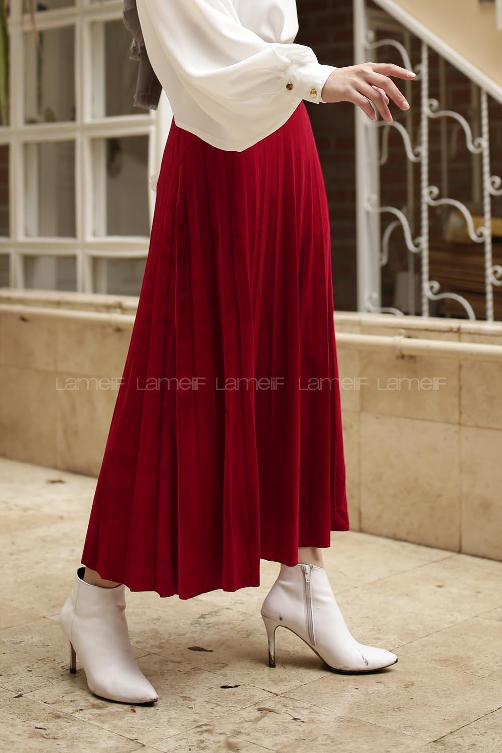 Modalamelif Pliseli Kadife Etek Kırmızı