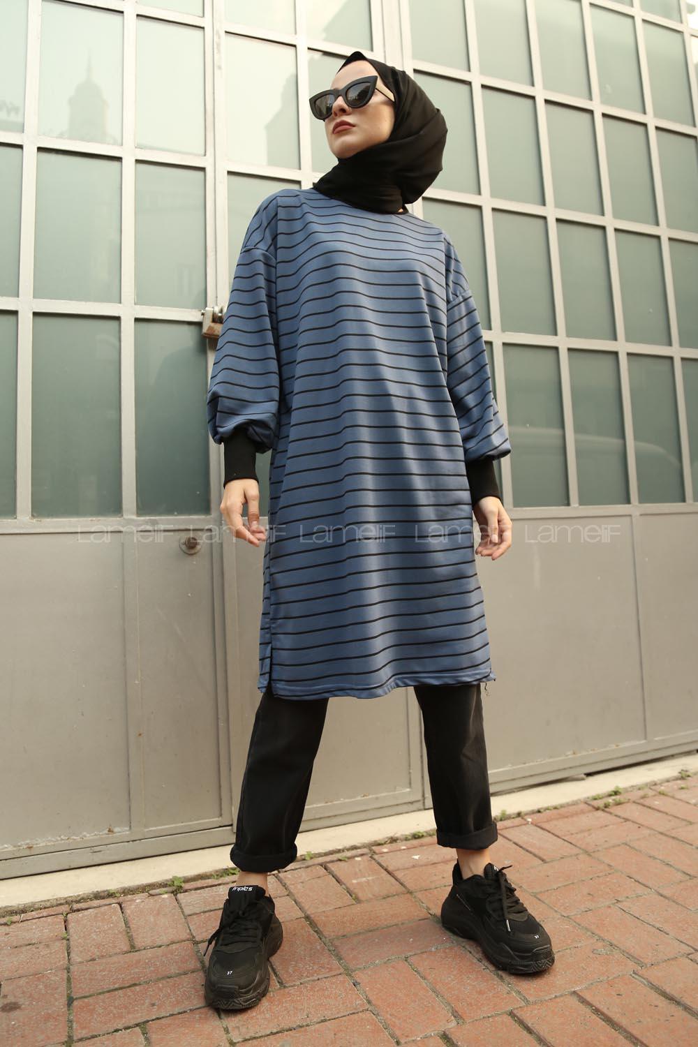 Modalamelif Balon Kol Çizgili Bileği Lastikli Sweat  İndigo