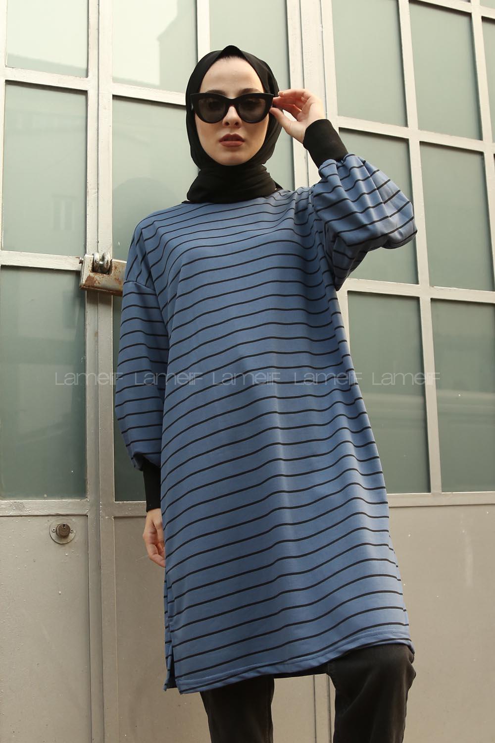 Modalamelif Balon Kol Çizgili Bileği Lastikli Sweat  İndigo