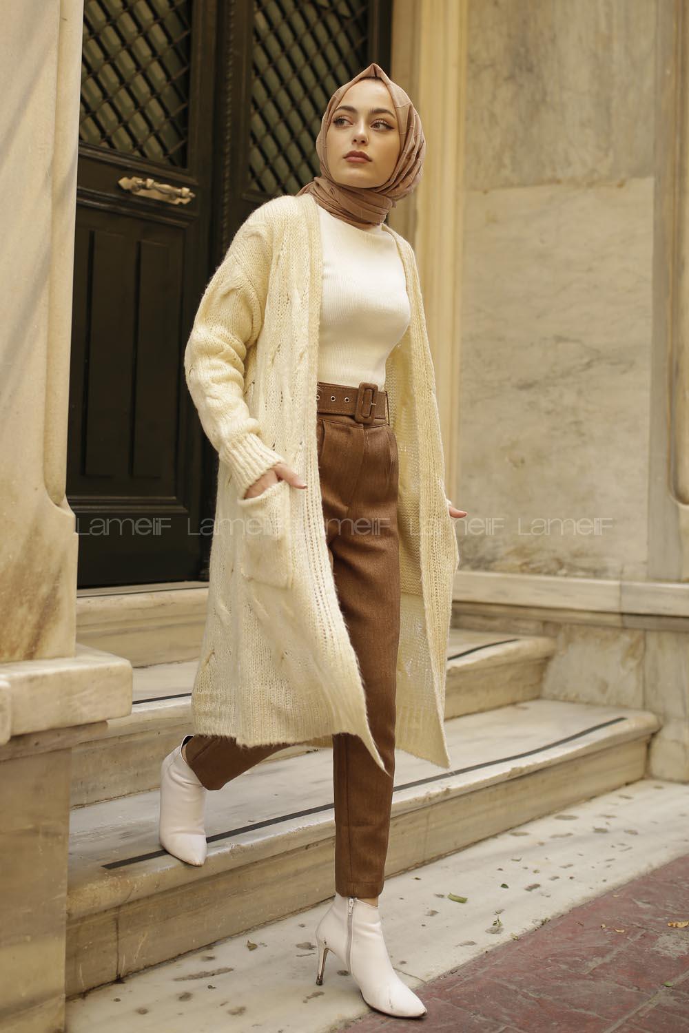 Modalamelif Saç Örgülü Çift Cepli Hırka Kemik Rengi