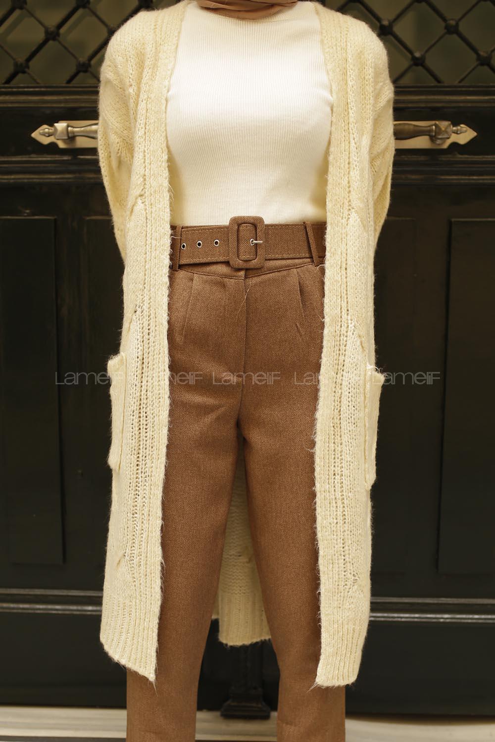 Modalamelif Saç Örgülü Çift Cepli Hırka Kemik Rengi