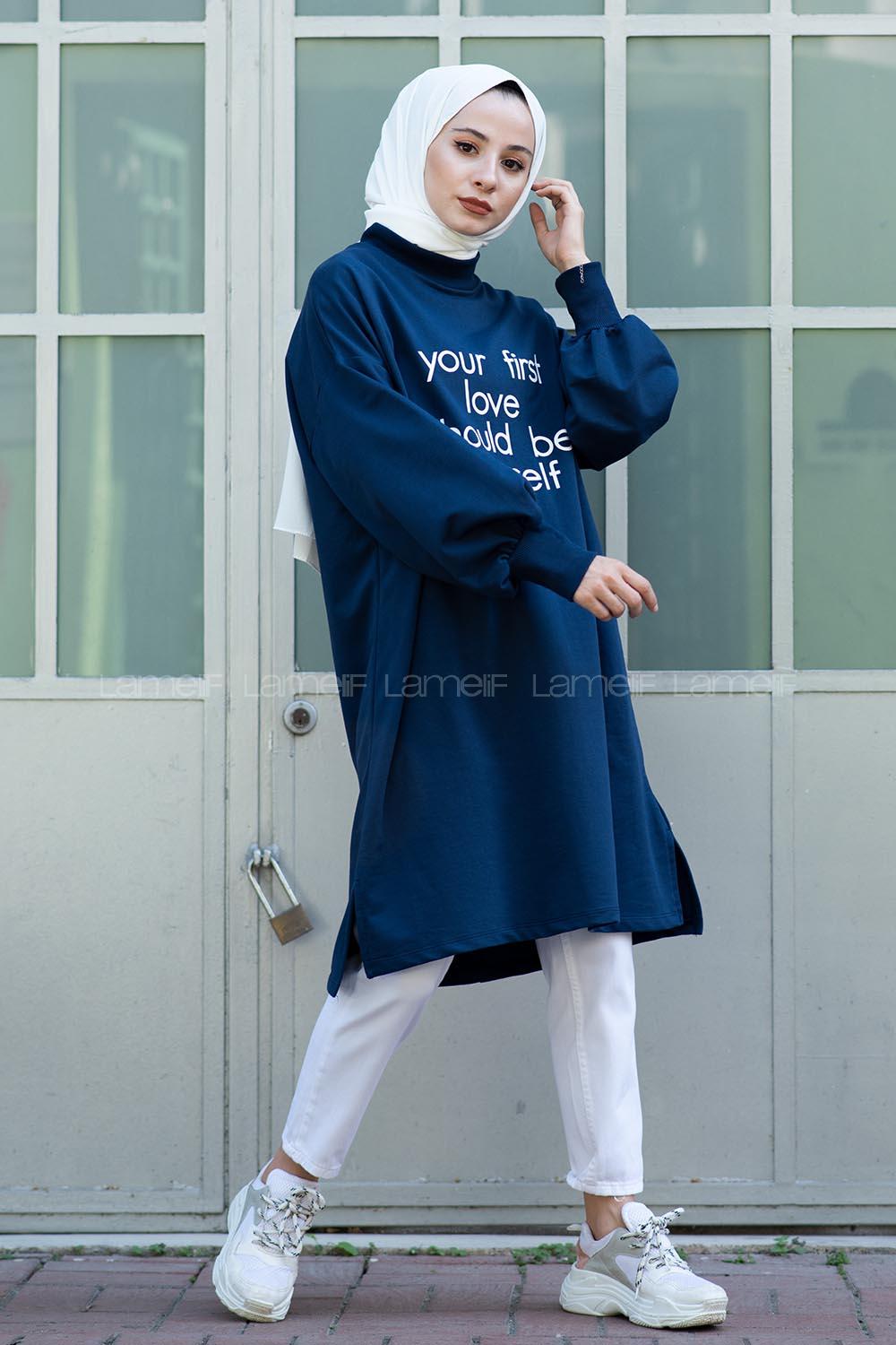 Modalamelif Balon Kol Love Tunik Lacivert