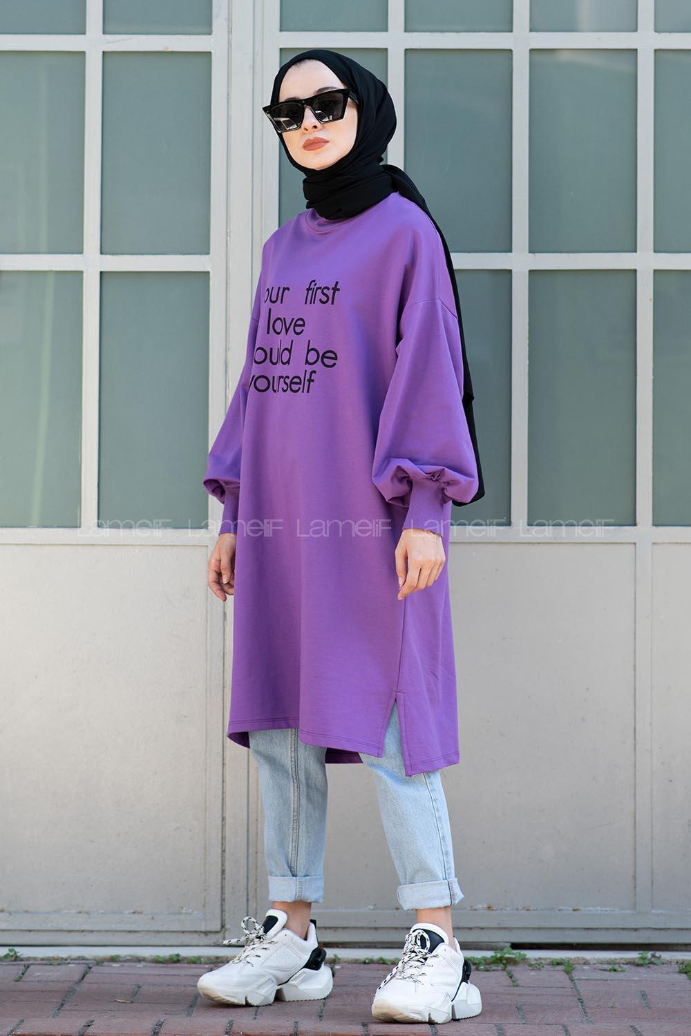 Modalamelif Balon Kol Love Tunik Mor