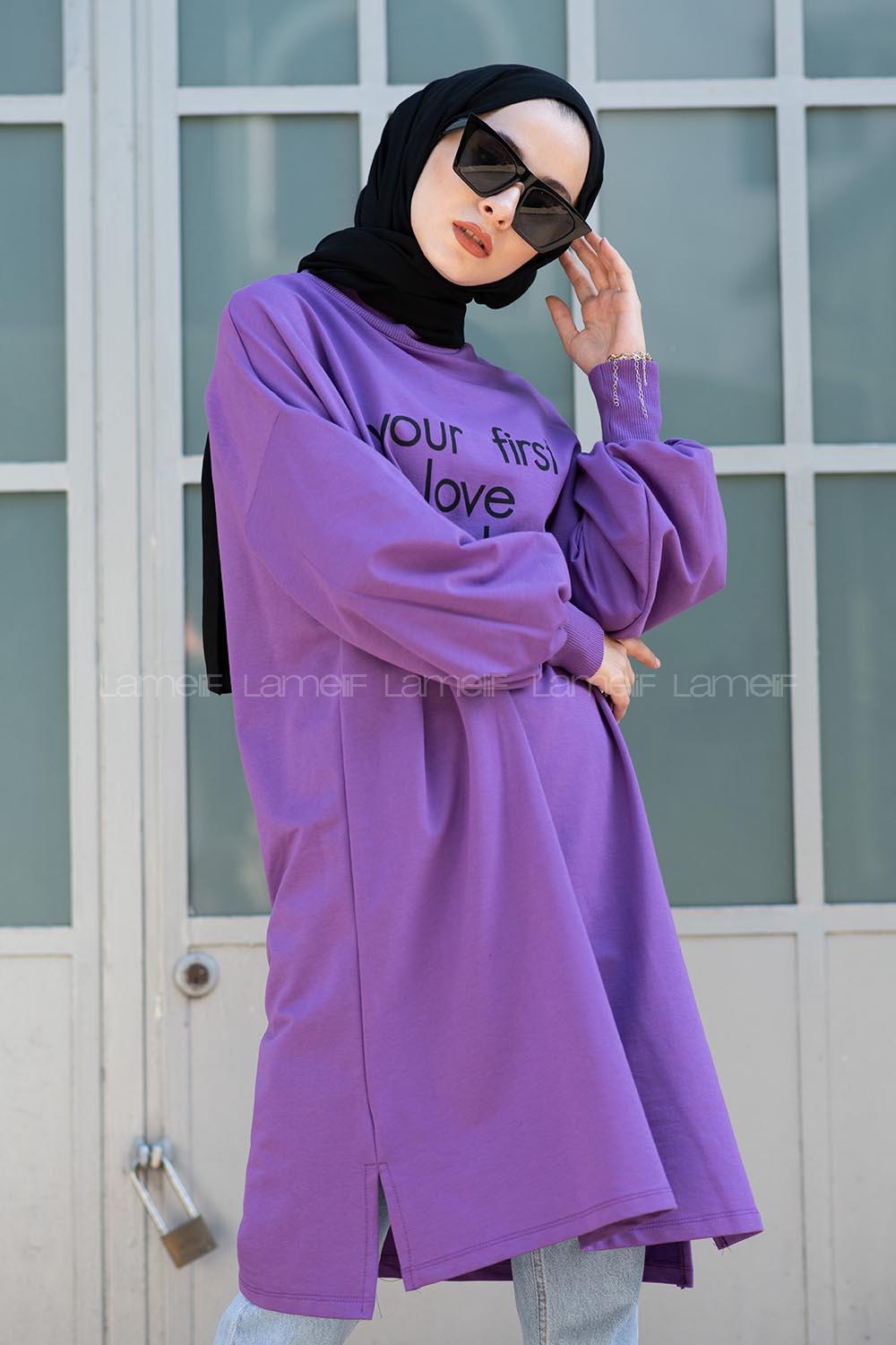 Modalamelif Balon Kol Love Tunik Mor