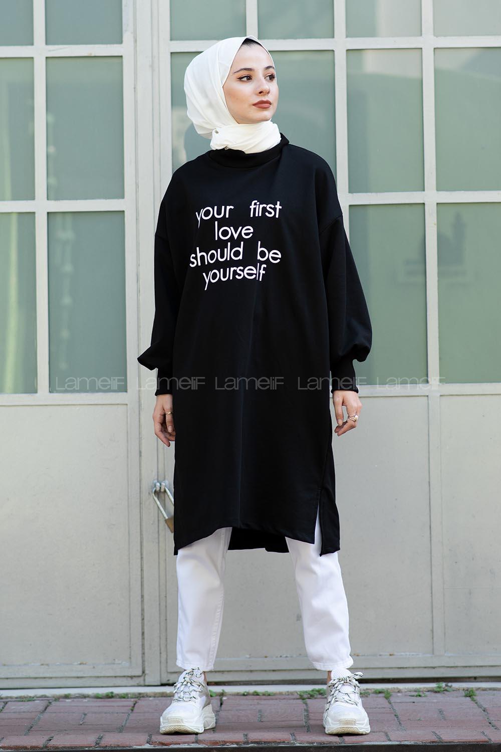 Modalamelif Balon Kol Love Tunik Siyah