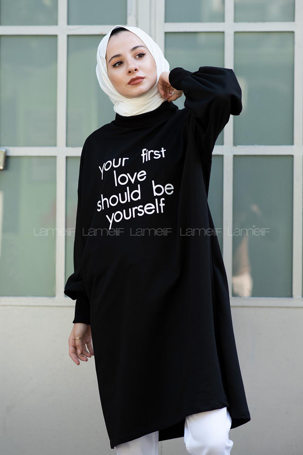 Modalamelif Balon Kol Love Tunik Siyah