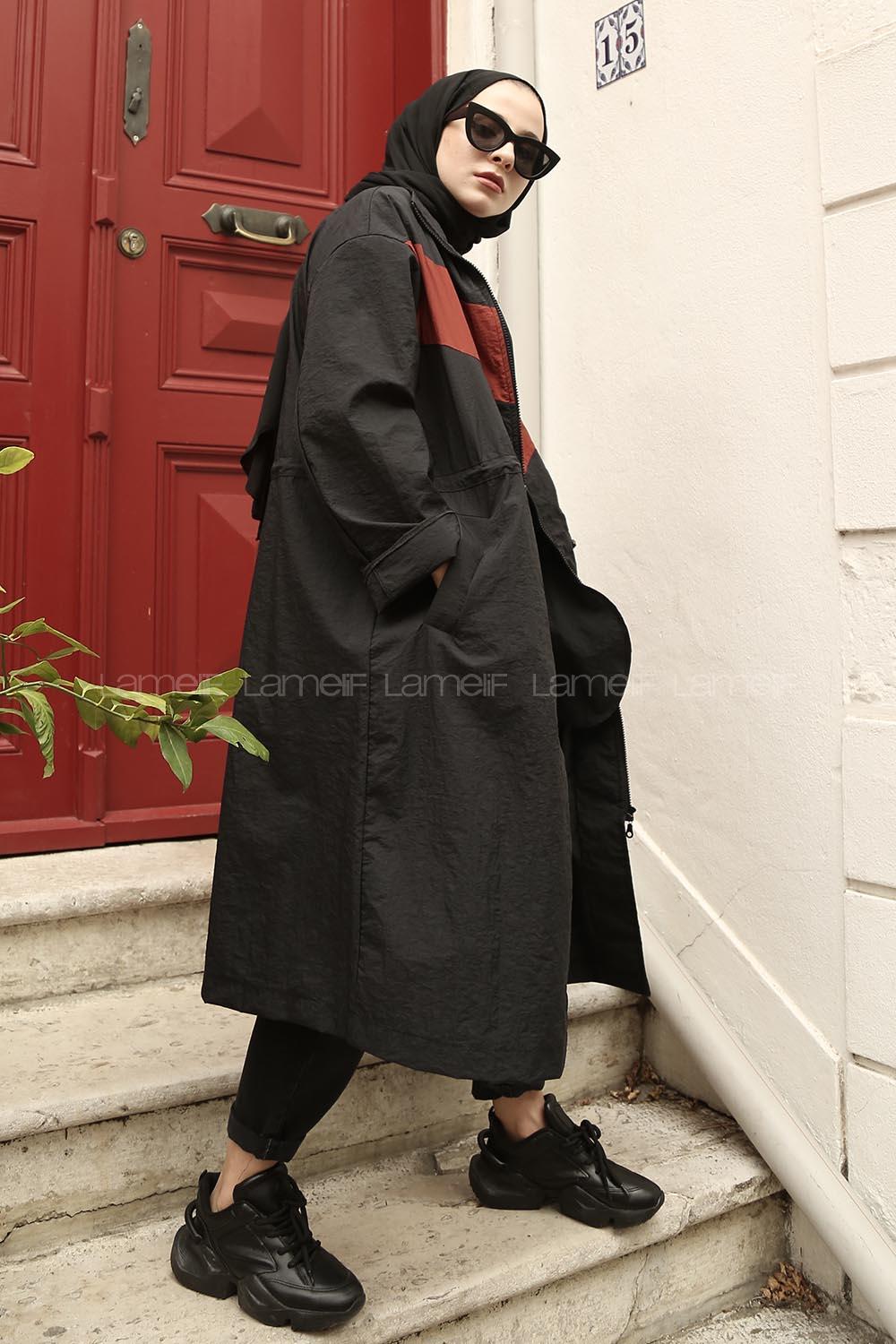 Modalamelif Belden Büzgü Bağlamalı Trenç Siyah