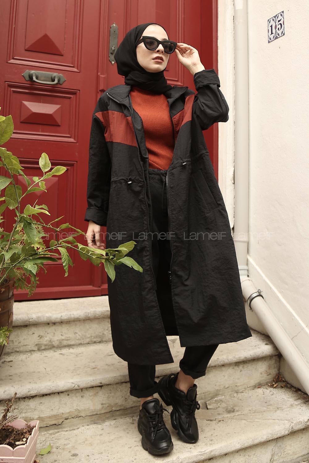 Modalamelif Belden Büzgü Bağlamalı Trenç Siyah