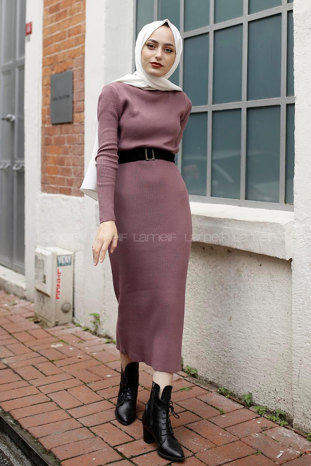 Modalamelif Fitilli Uzun Triko Elbise Açık Mor