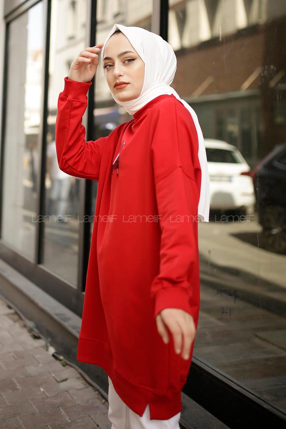 Modalamelif Üç Kadın Baskılı Sweat Kırmızı