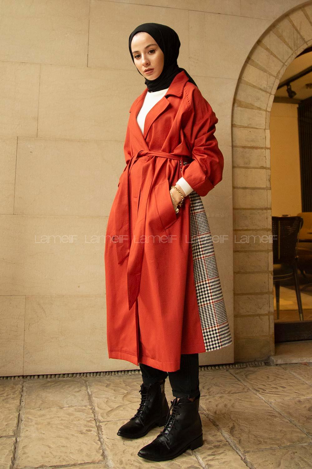 Modalamelif Arkası Ekose Desen Belden Bağlamalı Trenç Kiremit