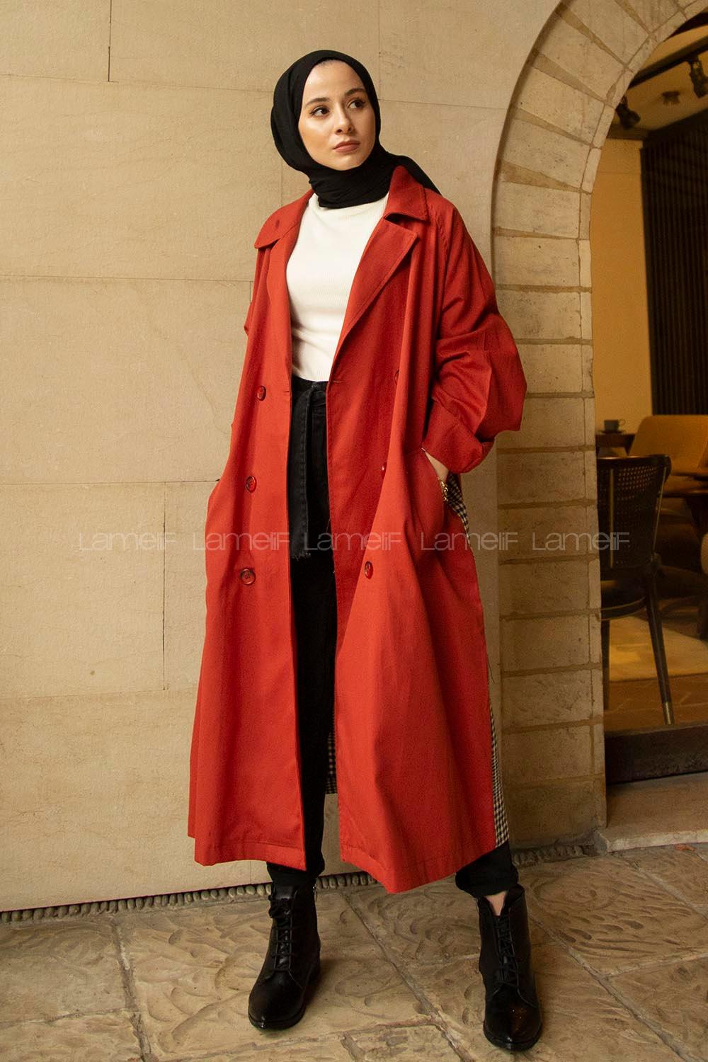 Modalamelif Arkası Ekose Desen Belden Bağlamalı Trenç Kiremit