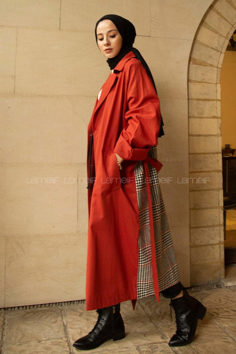 Modalamelif Arkası Ekose Desen Belden Bağlamalı Trenç Kiremit