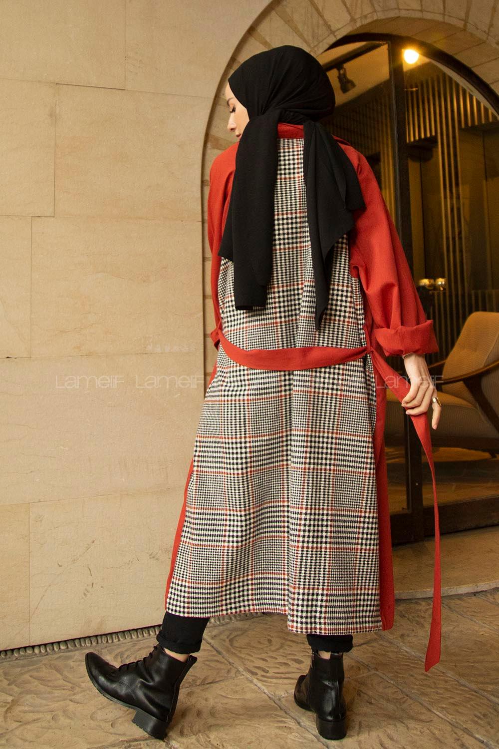 Modalamelif Arkası Ekose Desen Belden Bağlamalı Trenç Kiremit