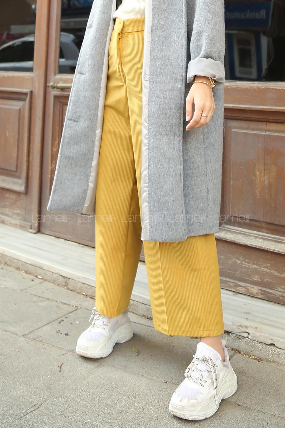 Modalamelif Bol Paça Kadife Pantolon Hardal Sarısı