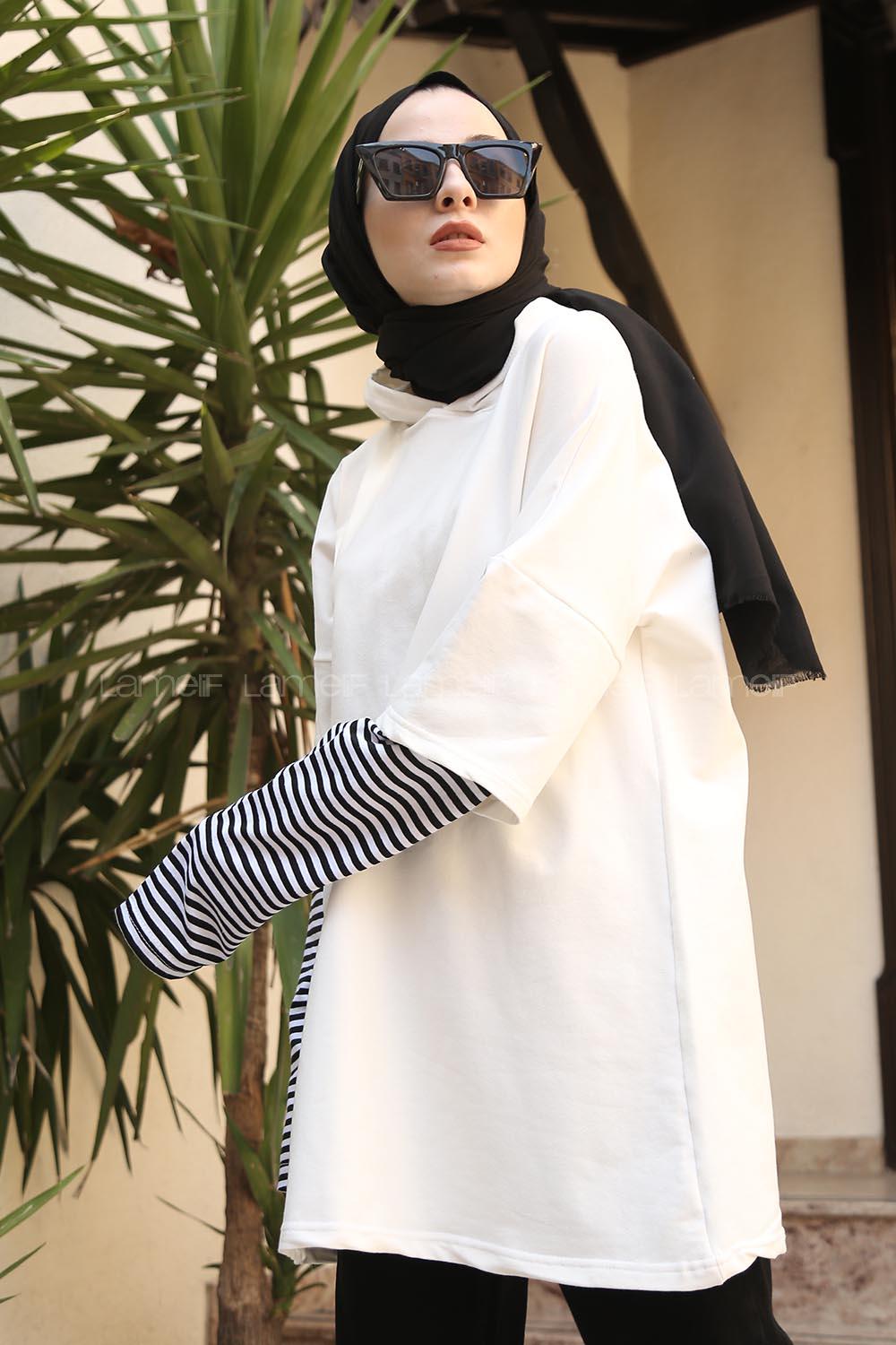 Lamelif Kolu Çizgi Detaylı  Kapüşonlu Sweat Ekru